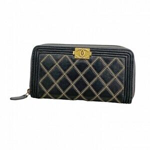 Chanel Boy Long Wallet, Leather, Black, Men's & Women's